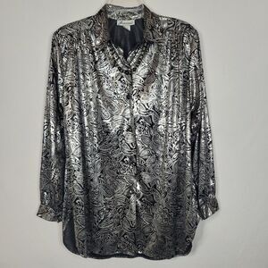 Joanna Tunic 90s Metallic Glam Womens M Silver Black Paisley Maximalist Satin